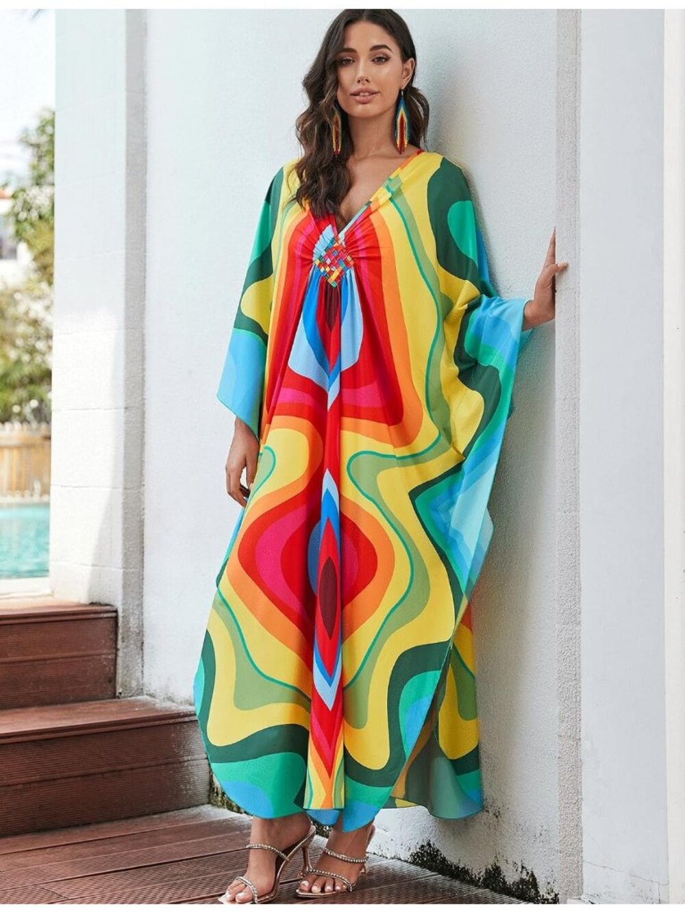Women's Plus Size Kaftan Maxi Dress Batwing Sleeve Beach Cover Up-8759-color8 - Picture 2 of 6